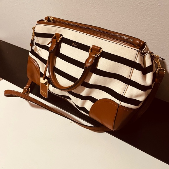 Lauren Ralph Lauren Striped Canvas Leather Trim Satchel - Picture 7 of 9